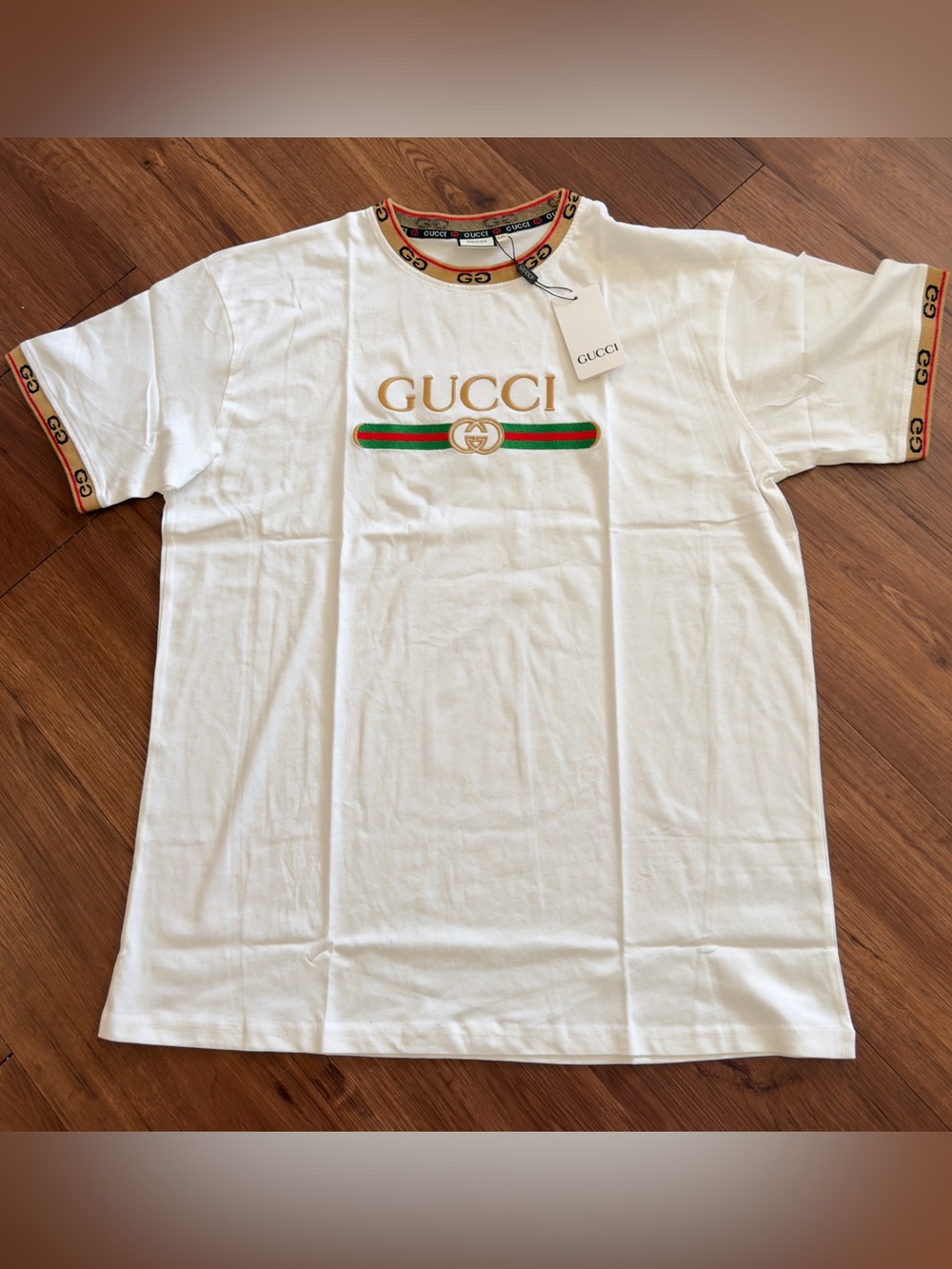 Gucci White Tee with Gold Logo and Green-Red Web